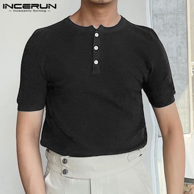 INCERUN เสื้อยืดลำลองแขนสั้นสำหรับผู้ชายเสื้อสำหรับใส่ทำงานทางการ Smart Tops (ลดล้างสต๊อก)
