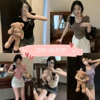 DD SHOPพร้อมส่ง 61609เสื้อไหมพรมแขนสั้น คอกลม มีสายผูกคล้องคอ -C