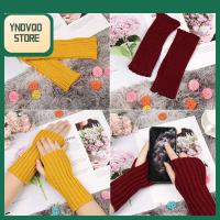 YNDVQO STORE มาใหม่ ฤดูหนาว อุ่นหนา ยางยืด ปลอกแขน ถุงมือไร้นิ้ว สีลูกกวาด ถุงมือถักยาว