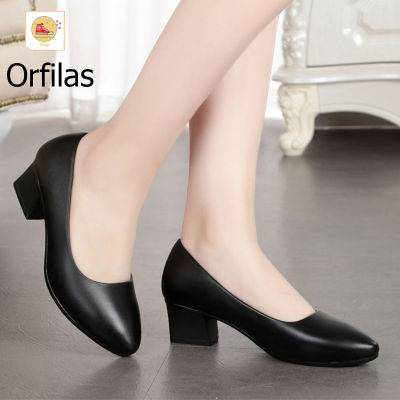 Orfilas 4CM รองเท้าทำงานหนัง PU, รองเท้ามืออาชีพสีดำ, รองเท้าหนังส้นหนา, รองเท้าหนังผู้หญิง, รองเท้าหนังแอร์โฮสเตส