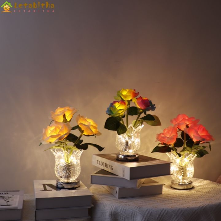 ดอกกุหลาบจำลอง-led-ไฟกลางคืนเครื่องประดับโคมไฟตั้งโต๊ะแบบชาร์จได้ลดแสงจ้าสำหรับการตกแต่งบ้าน
