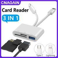 CNAGAIN 3 IN 1 OTG เครื่องอ่านการ์ดสำหรับ Lightning/Type C อะแดปเตอร์อเนกประสงค์สำหรับ SD/บัตร TF/USB แฟลชไดร์ฟอะแดปเตอร์สำหรับตัวอ่านเครื่องอ่านการ์ดสำหรับ Iphone. IPad/android