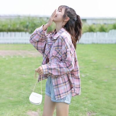 [Spot] plaid shirt Womens Western style spring, summer and autumn thin type long sleeve retro Hong Kong style top coat shirt 2023