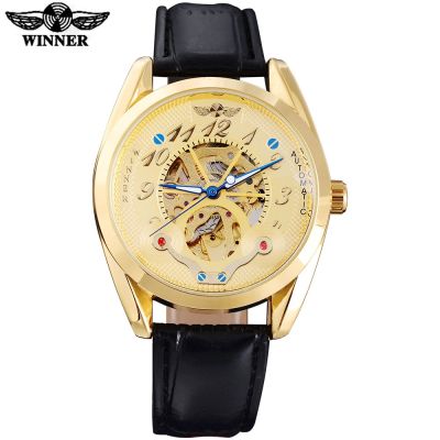 WINNER New Arrival Luxury Skeleton Design Fashion Men Watches Automatic Self-Wind Leather Strap Watches For Men Gold color