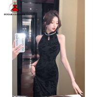 น้ำตาลผู้หญิงอาวุโส Cheongsam ฤดูร้อนที่สง่างามยาวบางแขนกุดชุดสีดำขนาดเล็กขนาดใหญ่บางแสงผู้ใหญ่ Dress