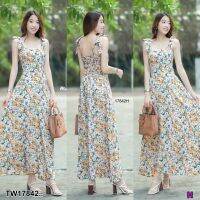 JK17842 Maxi dress ลายดอกเดซี่ ผูกไหล่แบบผูกเอง (สายปรับระดับได้) มีสม๊อคด้านหล้ง มีซับใน แบบน่ารักใส่ออกมาแล้วสวยสดใส เซ็กซี่เบาๆค้าา