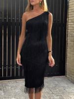 【cw】ZC-702 European and American New Black Dress Strap Tassel High Waist Elegant y Dress ！