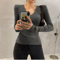 Tee Tops 2021 Autumn Winter Korean Sexy Deep V-Neck Shoulder Padded Long Sleeve Slim Base T-Shirt For Women Gray Black Green