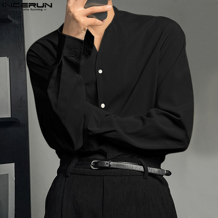 incerun-เสื้อกระดุมคอวีสำหรับผู้ชาย-เสื้อทำงานสำนักงานเสื้อเชิ้ตลำลองทางการเสื้อเชิ้ตครึ่งบนผู้หญิง-สไตล์เกาหลี