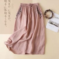 Lucyever Elegant Embroidery Long Skirts Women Retro Literary Cotton Linen Skirt Female Casual Loose Elastic Waist A Line Skirts