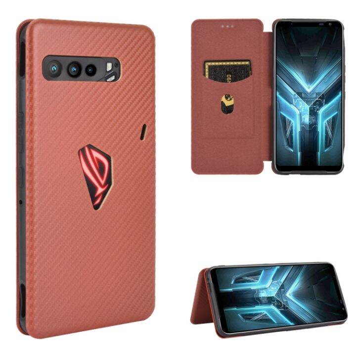 5aceshop-คาร์บอนไฟเบอร์ฝาพับแบบแนวนอนพื้นผิว-tpu-pc-หนัง-pu-เคสที่มีช่องเสียบการ์ดสำหรับ-asus-rog-phone-3-zs661ks