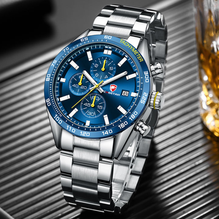 hotcheetah-นาฬิกาผู้ชายแบรนด์หรูสแตนเลสธุรกิจควอตซ์บุรุษนาฬิกาโครโนกราฟสบายๆกีฬานาฬิกาข้อมือสำหรับผู้ชาย