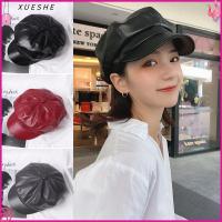 XUESHE Pure Color Elegant Octagonal Cap Duck Tongue Cap Beret Hat PU Leather