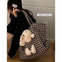 Versatile ins large capacity bag for women 2021 new trendy fashion plaid tote bag cute bunny large bag 【JYUE】