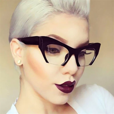 แว่นตาสำหรับผู้หญิงแนวเรโทรสไตล์ยุโรปและอเมริกาแบบครึ่งกรอบตัดขอบตาแมวกันแสงสีฟ้า