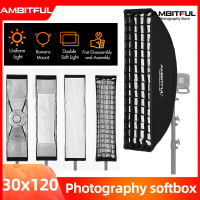 AMBITFUL 30x120cm กล่องอ่อนสี่เหลี่ยมผืนผ้าพร้อมตาข่ายรังผึ้งสำหรับ Godox Aputure Yongnuo Bowens Mount Softbox