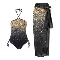 2pcs/set Fashion Black Star Print Swimsuit One Piece String Neck Sexy Bikini Slim 2023 Womens Beachwear Irregular Strap Cover Up