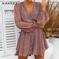 NANKEY traf Loose Wide Leg Print Rompers WomensJumpsuit New Spring Fashion Long Sleeve Button Romper Dress Summer Beach Chiffon