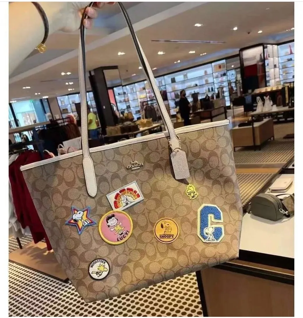 Coach X Peanuts City Tote in Signature Canvas with Varsity Patches C4292 -  Khaki Multi | Lazada PH