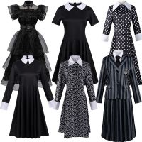 Hot Movie Wednesday Addams Costumes For Girls Kids Adults Halloween Carnival Cosplay Outfits Wigs Gothic Party Dresses Women