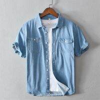 Casual Denim Shirt for Men Summer Short Sleeve Turn-down Collar Jean Tops Male Pure Cotton Cowboy Vintage Korean Clothes