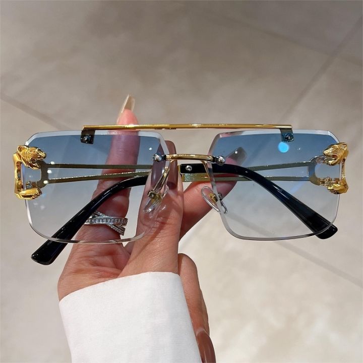kammpt-แว่นตาแว่นตากันแดดไร้ขอบวินเทจแฟชั่นสำหรับผู้หญิงผู้ชายทรงสี่เหลี่ยมขนาดใหญ่แว่นตา-uv400ไล่ระดับสีสะพานคู่แบบใหม่