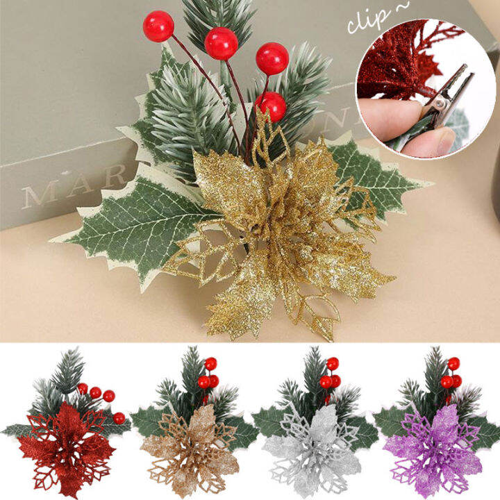 New Christmas Pine Leaves Red Berry Christmas Flowers with Clip