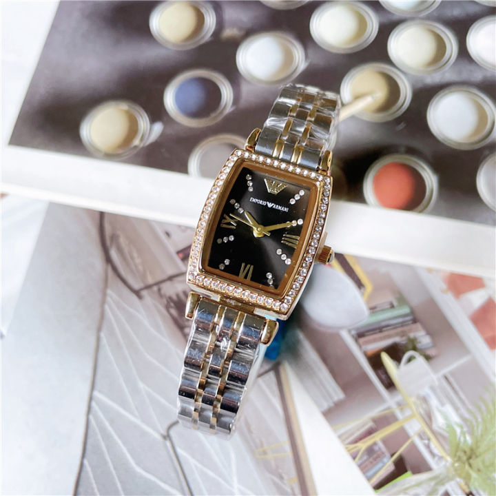 armani-นาฬิกาข้อมือผู้หญิงสายสเตนเลสนาฬิกาข้อมือผู้หญิงหน้าปัดสี่เหลี่ยมคลาสสิกสามหน้าปัดประดับเพชร