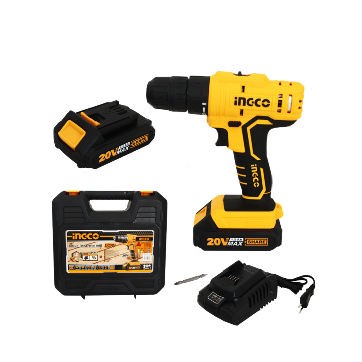 ingco-สว่านไร้สาย-20v-รุ่น-cdli20012-a-แถมแบตเตอรี่-2ก้อน-ดอกไขควง-1อัน-lithium-ion-cordless-drill-20v