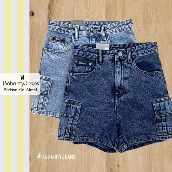 พร้อมส่ง-babarryjeans-กางเกงยีนส์สามส่วน-เอวสูง-กระเป๋าคาร์โก้-ผญ-สียีนส์เข้มสโนว-ยีนส์อ่อนสโนว