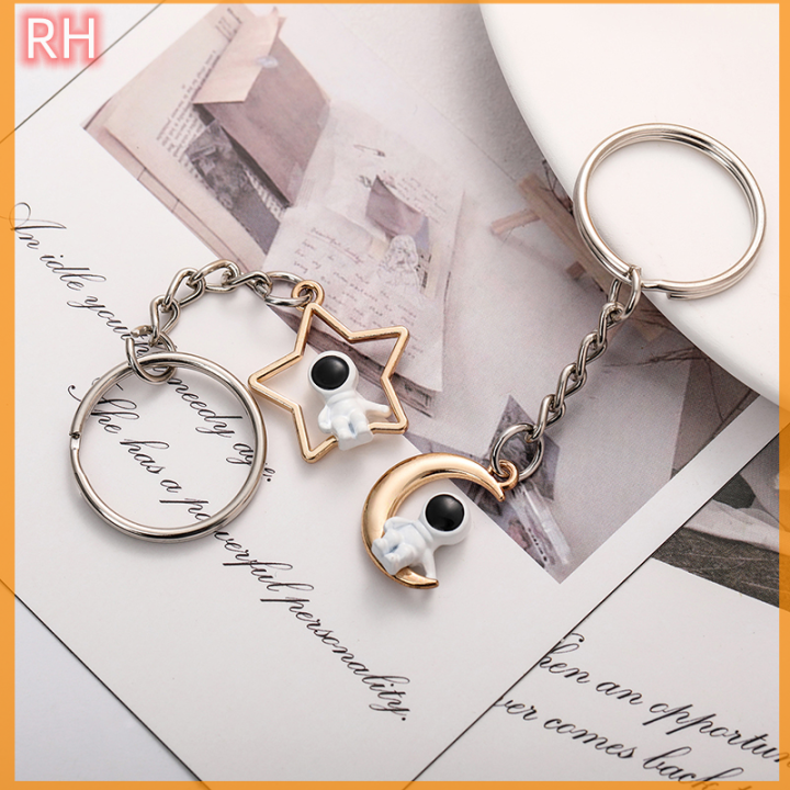 ranghe-แหวนเงินสวยหวานพวงกุญแจคู่รักนักบินอวกาศดวงจันทร์ดีไซน์สร้างสรรค์พวงกุญแจห้อยกระเป๋า