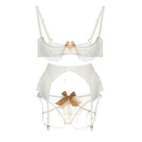 Varsbaby sexy yarn transparent ruffles unlined 3 pieces bra+panty +garter half cup bra sets