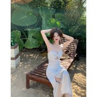 New summer French low-cut dress women feeling high split small skirt with shoulder-straps dress for a holiday