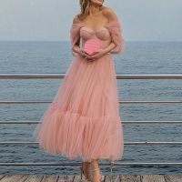 ZZOOI Temperament Elegant pink Tulle Dress Long Evening Off Shoulder Princess Swing Dresses For Women Wedding Bride Party Cocktail