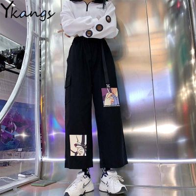 With Belt Wide Leg Baggy Pants Women High Waist Anime Print Womens Joggers Pants Korean Fashion Trousers Harajuku Loose Pants