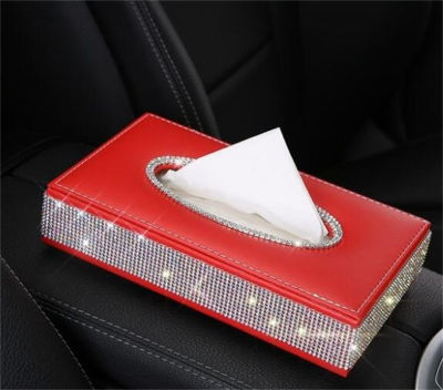 เลดี้คริสตัล R Hinestones กล่องกระดาษทิชชูรถหนัง PU ด้วยเพชรผ้าขนหนูกรณีกล่องเก็บผ้าเช็ดปากเสื่อกันลื่น