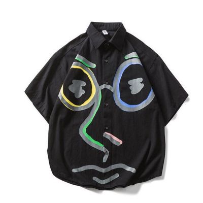 ZZOOI Graffiti Print Half-Sleeved Shirts Mens Summer Loose Japanese Tide Brand Shirt Casual Five-Point Sleeve Shirt
