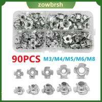 ZOWBRSH 90Pcs M3/M4/M5/M6/M8 ที-นัทส์ มี5ขนาด เหล็กคาร์บอนชุบสังกะสี 4 pronged NUTS Assortment KIT ที่มีคุณภาพสูง น๊อตเฟอร์นิเจอร์ ไม้สำหรับไม้