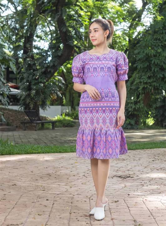 ชุดเดรสผ้าไทย-มีไซร้-40-52-ชุดผ้าไทยลายขอ-ชุดใส่ทำงาน-ชุดใส่ออกงานบวชงานแต่งสวยมากค่ะ
