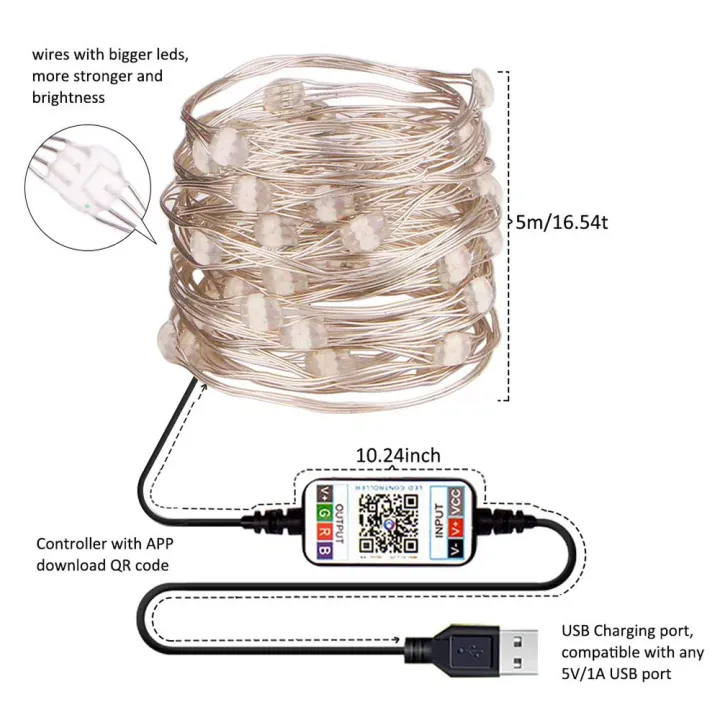 5เมตร10เมตร20เมตรสมาร์ท-rgb-นางฟ้าหลอดไฟประดับแบบสาย-app-บลูทูธควบคุมกันน้ำ-usb-ลวดทองแดงไฟ16สีตกแต่งปีใหม่