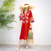 COD DSTGRTYTRUYUY 2023 Early Spring New Sanya Embroidered Dress Seaside Vacation Loose Show Thin Beach Dress Woman White Dress Plus Size