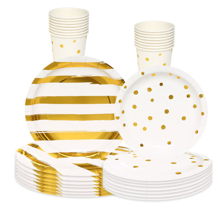 hot-8guest-สีขาวทอง-strip-dot-tableware-งานแต่งงานวันเกิดแผ่นผ้าเช็ดปาก-happy-birthday-party-decor-เด็กผู้ใหญ่-tableware