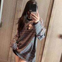 2023 Early Autumn New round Chrome heartsˉNeck Striped Cross Printed Patch Loose Hong Kong Style Mid-Length T-shirt for Women