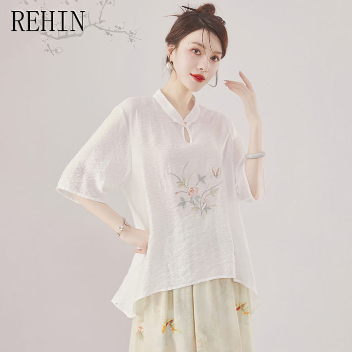 rehin-เสื้อเชิ้ตแขนสั้นชาติพันธุ์หลวมโอเวอร์ไซส์สไตล์ดั้งเดิมพร้อมเสื้อชีฟองปักสำหรับผู้หญิงมาใหม่ฤดูร้อน