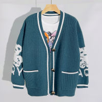 Korobov Vintage V Neck Knitted Cardigan Japanese Preppy Style Embroidery Sweater Harajuku Streetwear Oversize Cartoon Cardigan