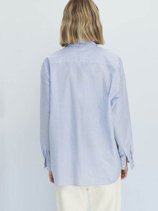 massimo-dutti-คอลเลกชัน2023แฟชั่นฤดูใบไม้ผลิ-ฤดูร้อนของผู้หญิงเสื้อเชิ้ตมีลายหลวมสีน้ำเงินแขนยาวมีกระเป๋าการอาบแดดที่ได้รับการป้องกันและผ้าฝ้ายสวมใส่สบาย