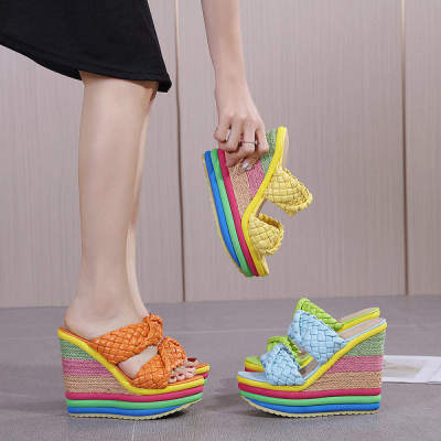 แฟชั่นใหม่ผู้หญิงส้นรองเท้าทั้งหมดจับคู่สบายฤดูร้อนสบาย ๆ Wedge รองเท้าแตะสายรุ้ง (ขนาด: EU: 34 ~ 43)