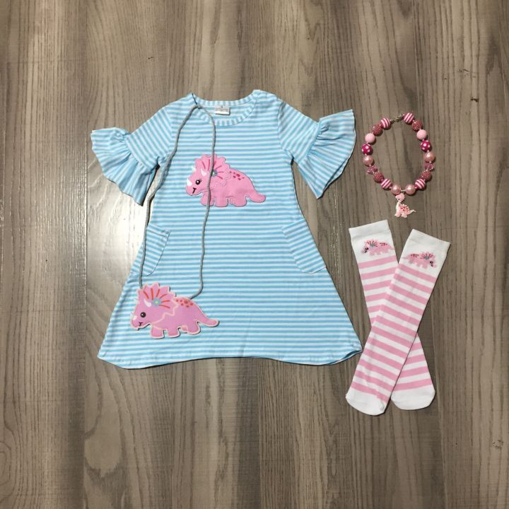 Girlymax Summer Dress Baby Girls Clothes Cotton Boutique Blue Dinosaur Stripe Knee Length Ruffle Match Necklace Socks &amp;Purse