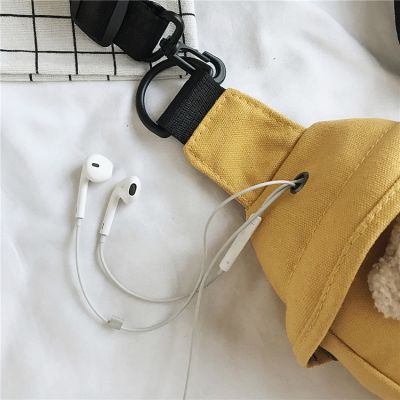 Plain Color Canvas Chest Handbag Creative Bear Pendant Shoulder Bag Headphones Hole Student Boys Girls Crossbody Bags