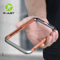 R-JUST หรูหราอลูมิเนียมโลหะกันชนไม้สำหรับ iPhone 14 Pro Max 13 Pro Max 14 Plus 12 Slim ไม้ธรรมชาติ Cover